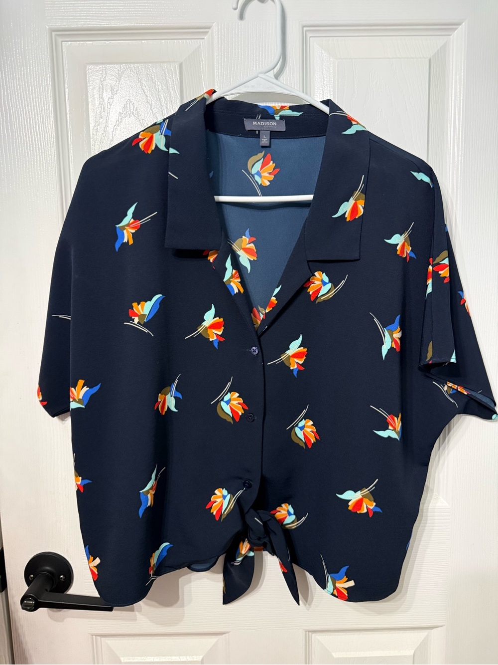 Madison Navy Floral Tie-Front Button-Down Shirt